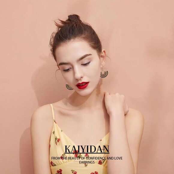 Fan Sector Shaped Braided Boho Dangle Statement Vintage Dainty Earring for Women - Picture 6 of 9